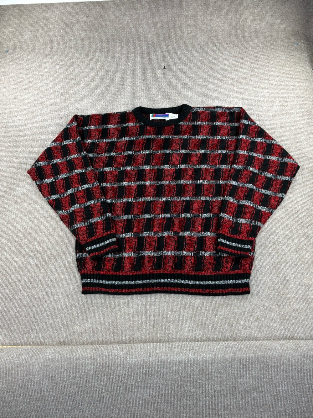 Vintage Sweater Graphix Mens Large Red Striped Pattern Grandpa Sweater Acrylic